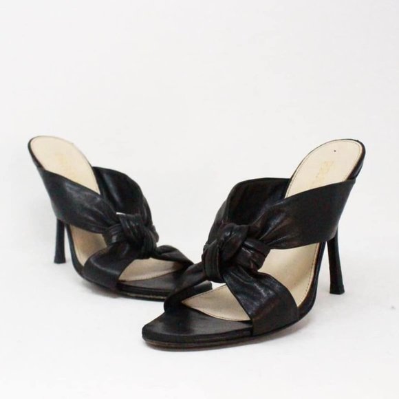 PRADA #39576 Black Leather Knot Heel Sandals (US 7 EU 37) - Picture 1 of 9